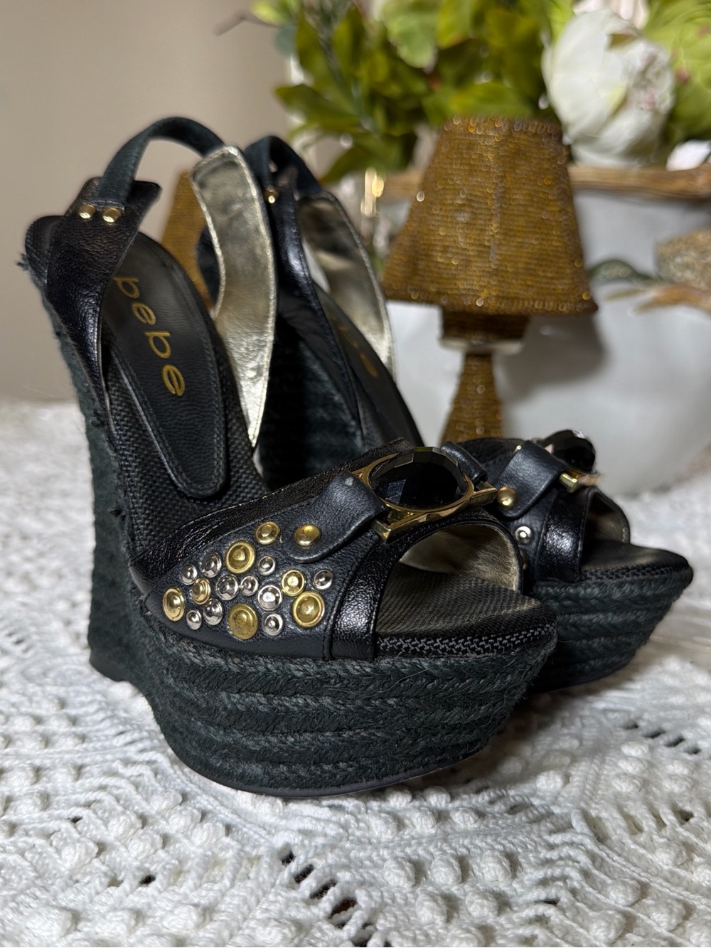 Y2K Bebe Black Wedge Sandals with Gold Stud Accents